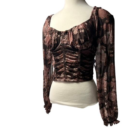 Dylan Ryan Blouse Top Women M Brown Ruched Bustier Sheer Floral Fairy - Picture 2 of 14